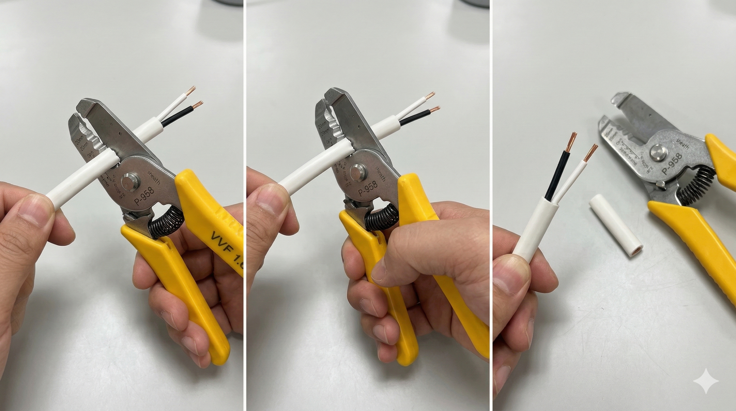 VVFストリッパーでVVFケーブルの外装（シース）を剥ぎ取る3ステップの手順写真