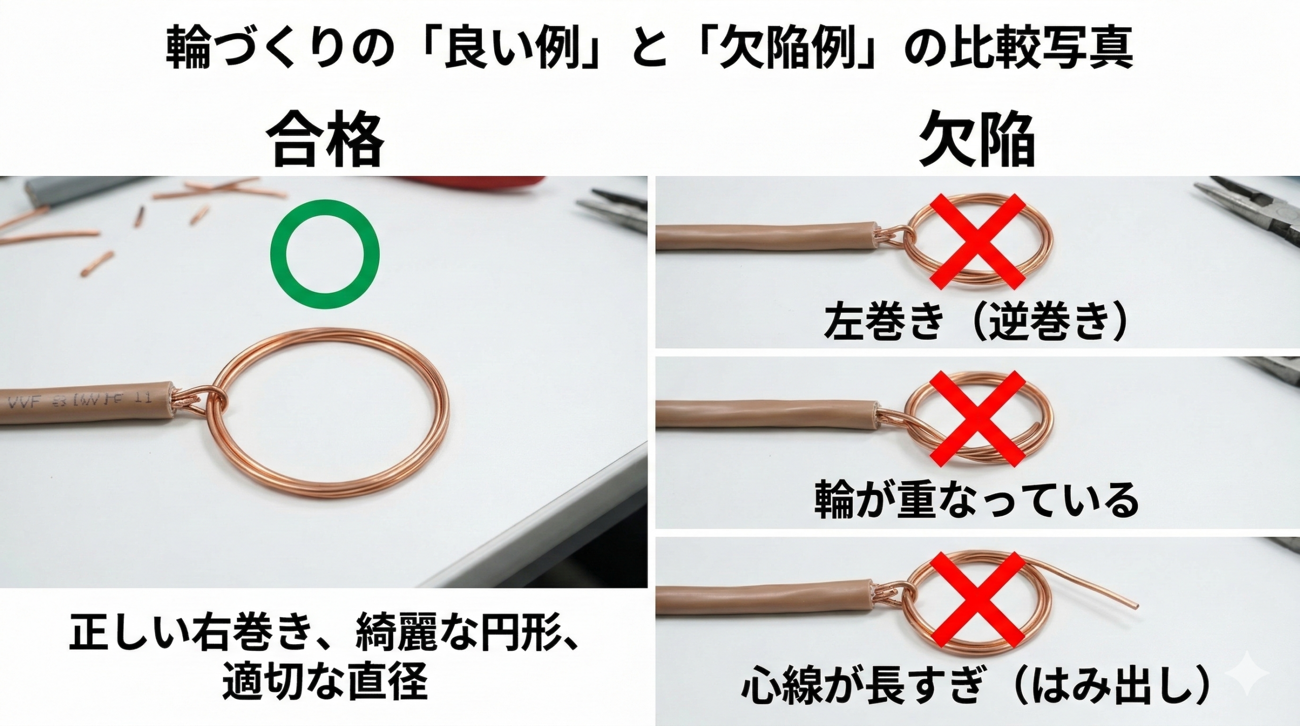 輪づくりの合格例（右巻き・円形）と欠陥例（左巻き・重なり・はみ出し）の比較写真