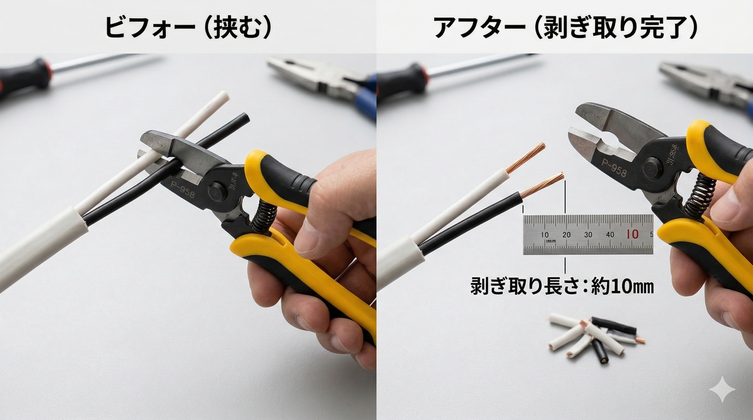 VVFストリッパーで心線の絶縁被覆を剥ぎ取るビフォーアフター写真（剥ぎ取り長さ約10mm）