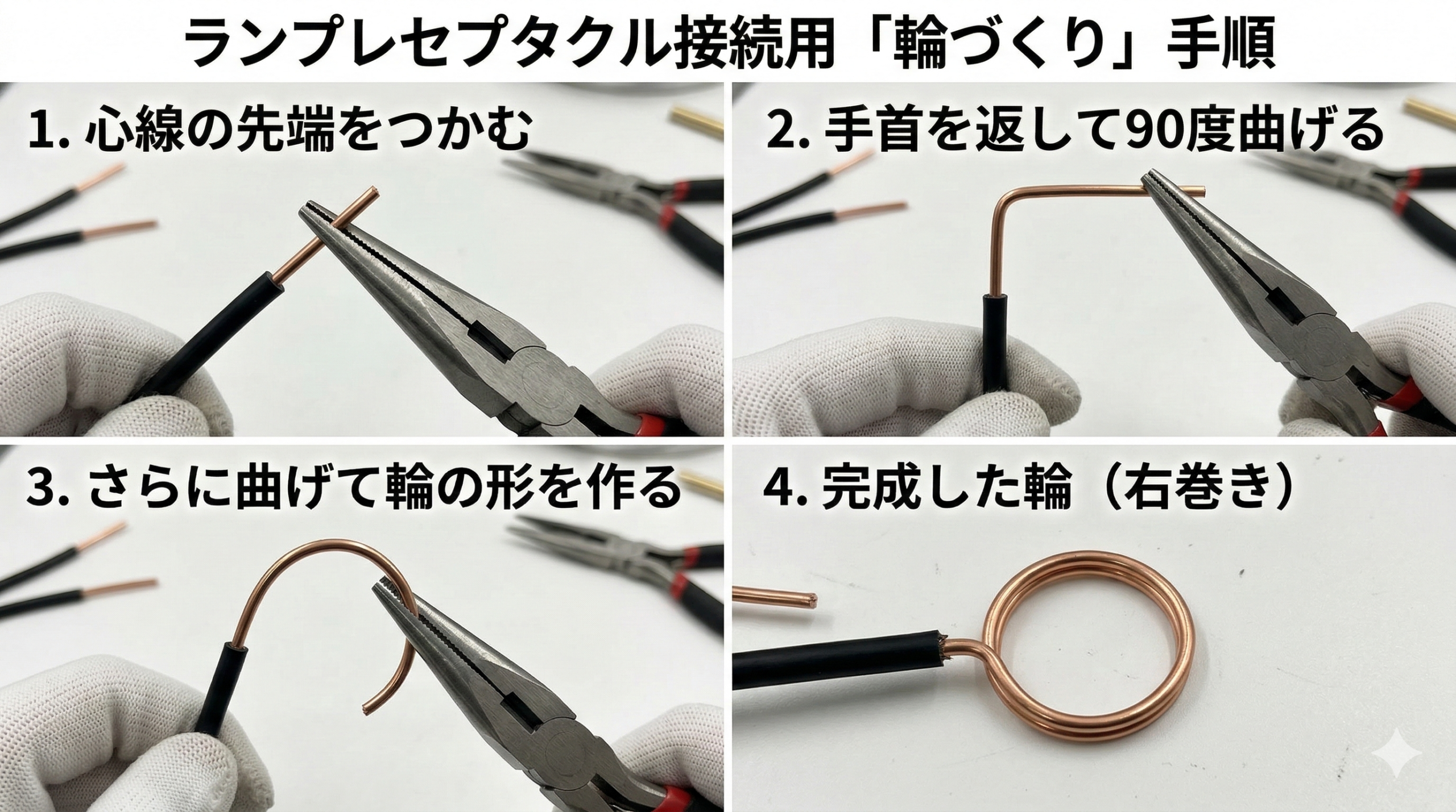 ペンチを使った輪づくり（のの字曲げ）の4ステップ手順写真