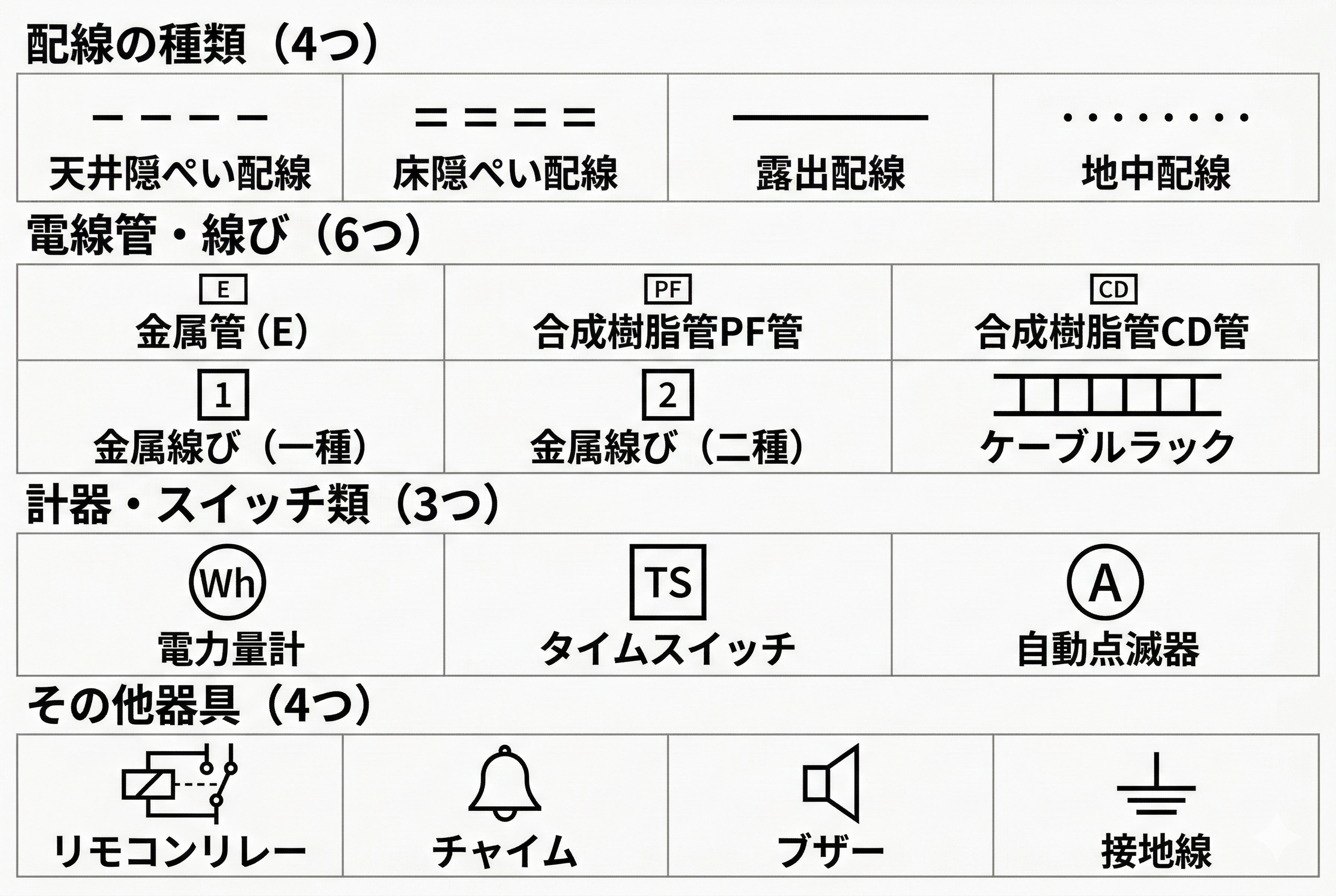 JIS電気図記号チャート：配線の種類（天井隠ぺい・床隠ぺい・露出・地中）、電線管・線び（金属管・PF管・CD管・ケーブルラック）、計器・スイッチ類（電力量計・タイムスイッチ・自動点滅器）、その他器具（リモコンリレー・チャイム・ブザー・接地線）